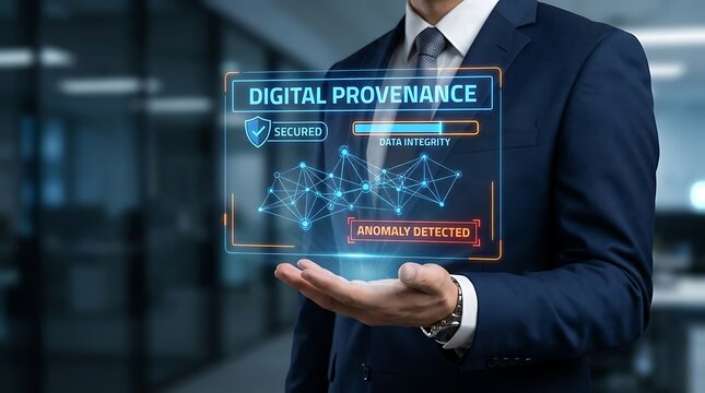 Digital Provenance verification with anomaly detected. A businessman in a suit displays a futuristic holographic interface showing a network of nodes with a Anomaly Detected alert