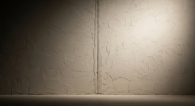 Bare beige plaster wall with a faint vertical seam and textured surface under dramatic lighting