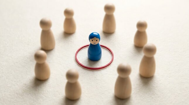 A single blue figurine stands in the center of a red circle, surrounded by several uncolored wooden figurines. This arrangement symbolizes exclusion or isolation