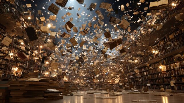 Books are flying through the air in a large library filled with shelves and lights during an unknown moment of chaos