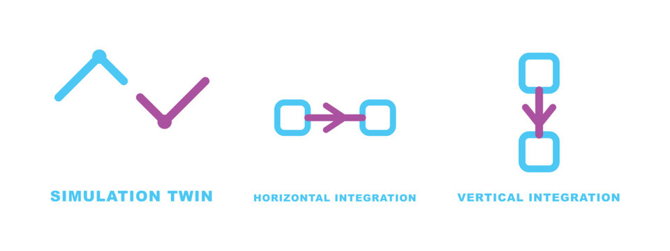 Simulation twin horizontal integration and vertical integration manufacturing icons.