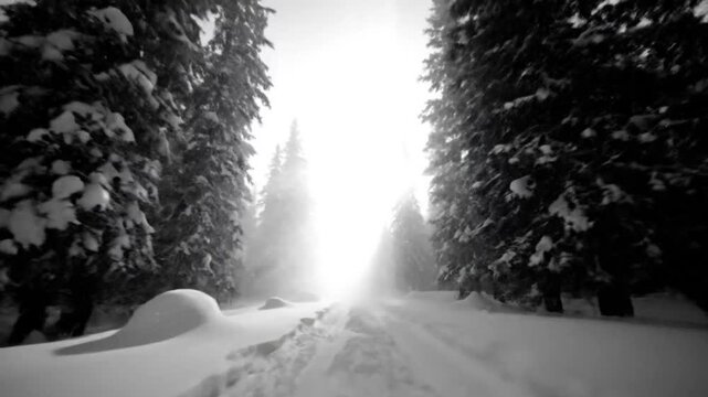 Black and white winter forest scene with snow covered trees and a bright sun illuminating the path ahead