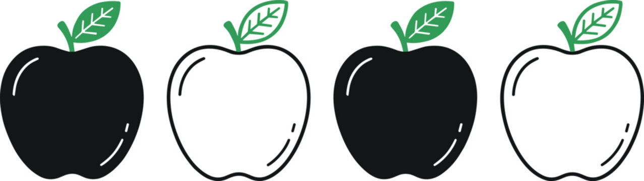 Vector Illustration Set of Black and White Apple Icons Featuring Whole Fruit with Leaf in Minimalist and Outline Styles for Food and Healthy Designs