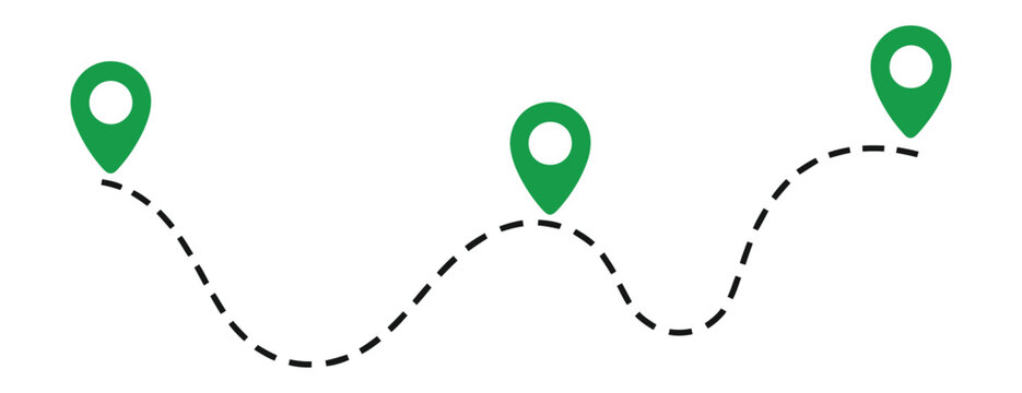 Route icon between three points with dotted path and location pin, isolated on white background, travel navigation vector illustration
