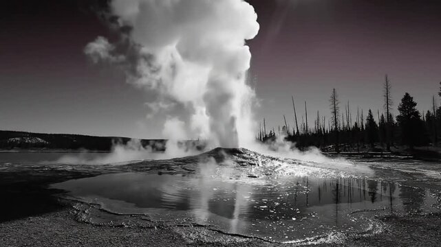 Black and white view of a geyser erupting steam and water, with reflections in the pool