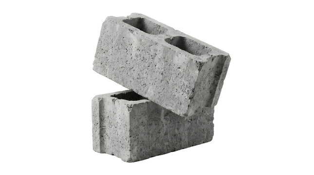 Concrete cinder blocks stacked on white background, industrial building materials for construction, grey cement masonry units for architecture