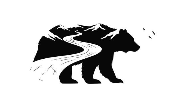 Stylized bear silhouette with a winding river and mountains integrated into its form.