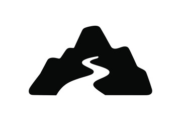 Fototapeta premium Minimalist black silhouette of a mountain peak with a winding path or river flowing through the center, isolated on a white background, for hiking, adventure, and nature