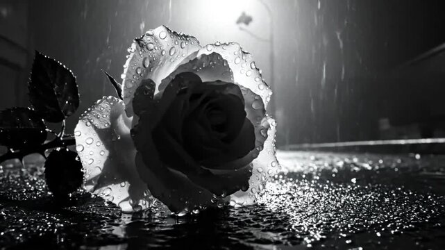 Rain-soaked rose bathed in street light amidst a melancholic atmosphere of urban night