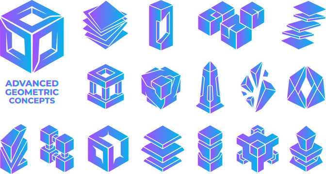 Advanced geometric shapes and concepts set isometric 3d objects.