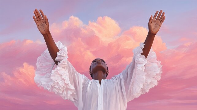 A low-angle, medium shot of a dark-skinned person looking upward with raised arms and open palms, dressed in a white garment with prominent ruffled sleeves against a dramatic pink and violet sunset sk