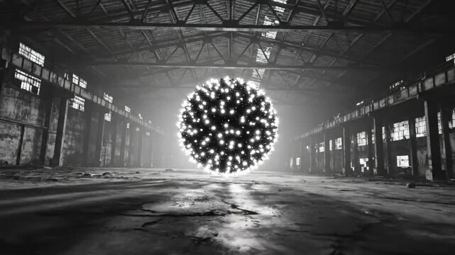 Mysterious glowing sphere in an abandoned industrial warehouse with moody black and white aesthetic