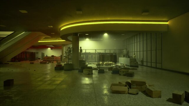 Dimly lit mall interior with blankets strewn across tiled floor, stacked boxes and scattered cots, fluorescent ring light casting warm yellow glow, volunteer