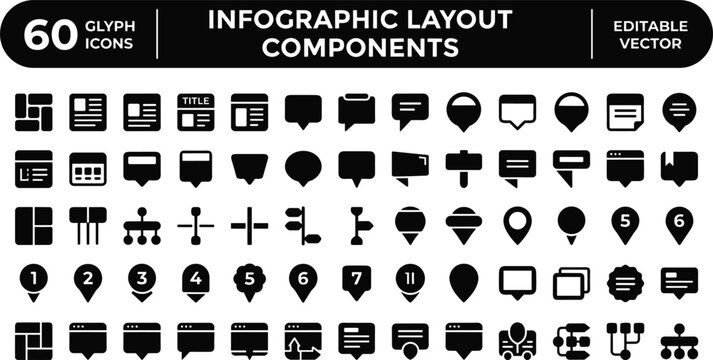 Infographic Layout Components Glyph Icons Set for Content Blocks, Callout Markers, Navigation, and Presentation Interface Design