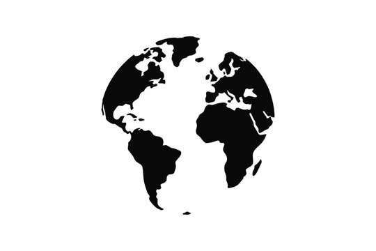 Stylized black and white silhouette of the planet earth, featuring simplified continental shapes in a circular globe format, isolated on a white background, for global and, international concepts