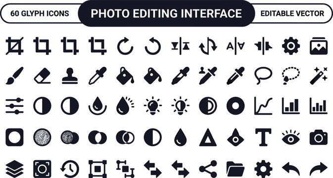 Photo Editing Interface Glyph Icons Set for Image Adjustment, Crop Tools, Filters, and Creative App Design