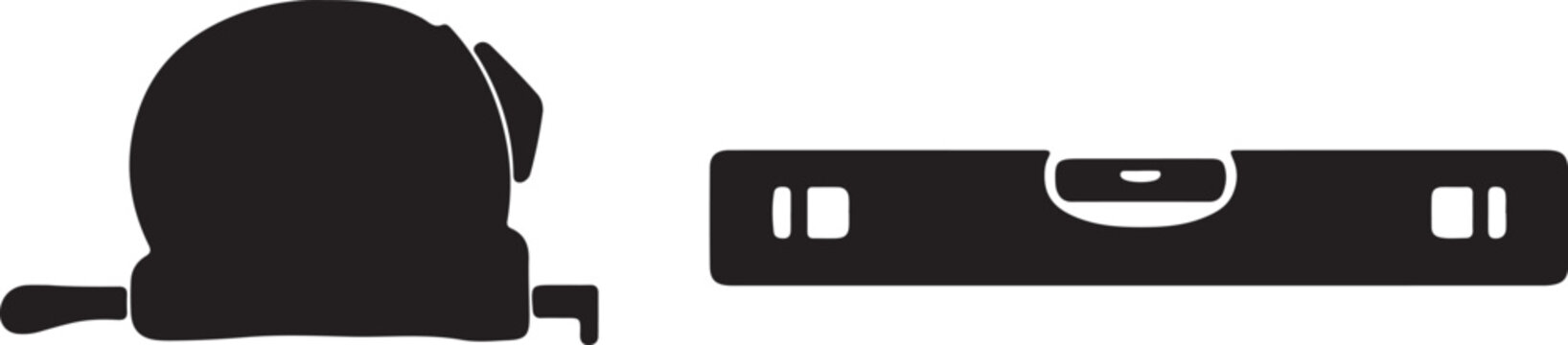 Black vacuum cleaner and level tool icons set