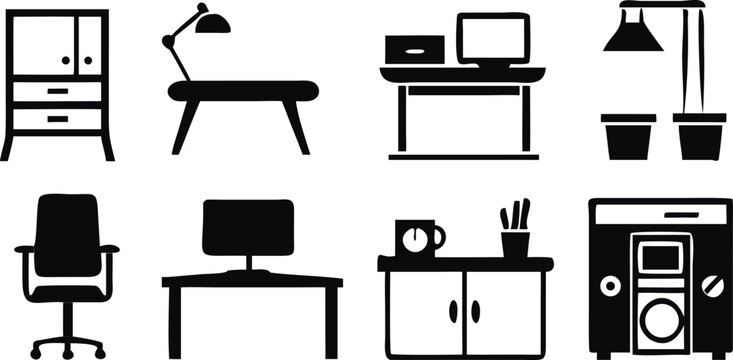 Black and white cartoon office furniture set