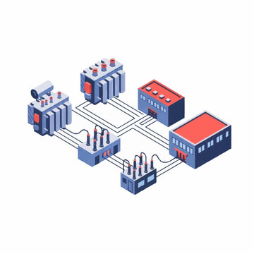 Electrical power distribution system with transformers and substations.