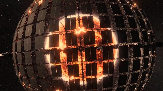 A complex metallic megastructure cage resembling a fully enclosed Dyson sphere floating in outer space. This high-tech 3D rendered scifi asset features intricate geometric grid patterns with a distant
