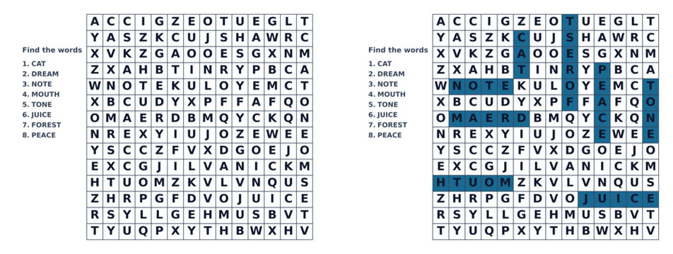 Word search puzzle with highlighted words in grid layout  