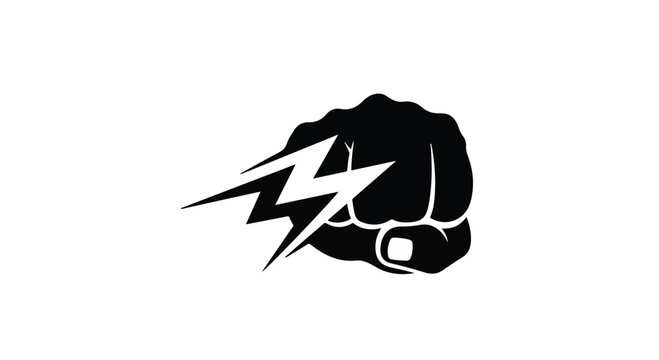 Stylized black fist with a lightning bolt represents strength, power, and speed on a white background.