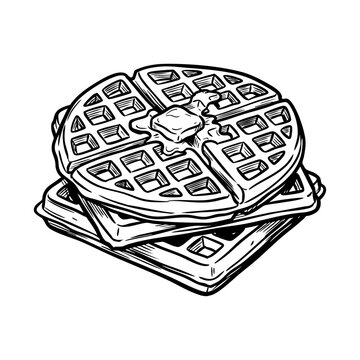 A hand-drawn, black and white illustration of a stack of waffles with a melting pat of butter on top.