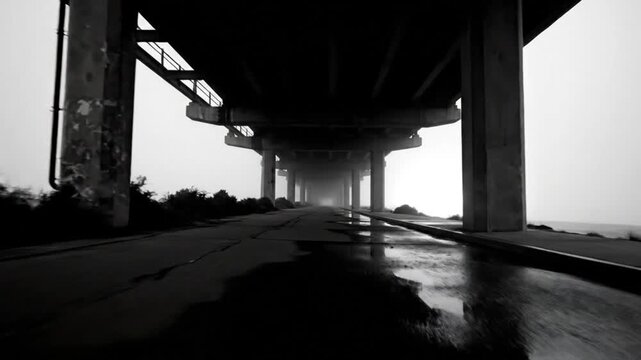 Low angle black and white shot of a bridge roadway with cracked pavement and reflecting water in a hazy, foggy day