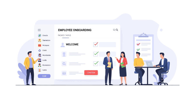 Corporate employees working together on a digital employee evaluation software platform.