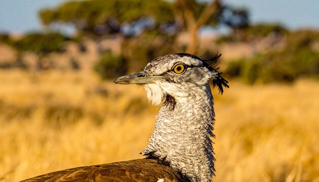 Kori bustard largest African bird displaying throat puff in savanna grassland wildlife portrait