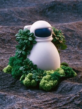 Small white robot standing in green plants on dark rough terrain. Concept of nature reclamation and ecology in futuristic technology. Artificial intelligence exploring alien planet landscape.