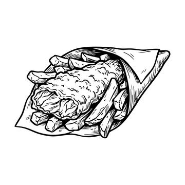 A black and white hand-drawn illustration of traditional fish and chips wrapped in a paper cone.