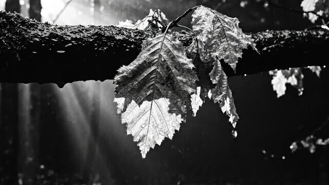 Black and white close up of a branch with leaves in a rainy forest setting with light rays shining through.