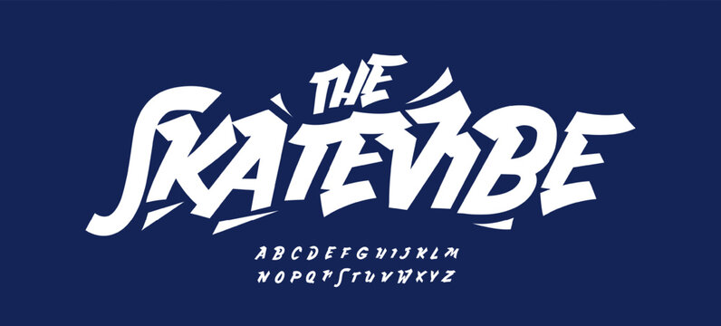 Skate Vibe Font Logo Alphabet Edgy Graffiti Letters Cool Typography, Cartoon Funny Typographic Design for Youthful Title, Skatepark Poster Headline, Groovy Lettering, Skater Fonts. Vector Typeface