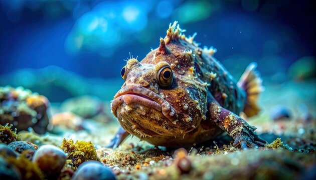 Sea toad fish camouflaged on coral reef in deep ocean abyss close-up macro shot
