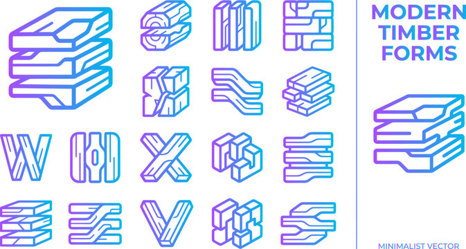 Modern timber forms icons set for abstract natural wood shapes and material design.