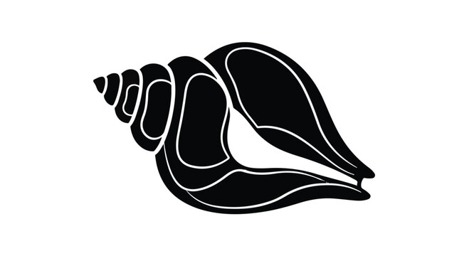Conch shell, depicted as a black silhouette with white outlines, showcasing its intricate spiral form.