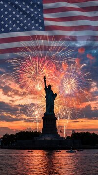 Vibrant celebration of american independence with statue of liberty and fireworks over cityscape for commercial use.