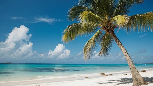 Tropical Beach with Palm Tree and Ocean.