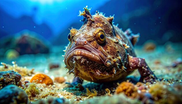 Sea toad fish camouflaged on coral reef seabed in deep ocean blue underwater scene