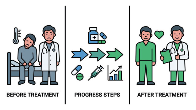 Medical treatment progress visual concept showing patient condition before and after care.