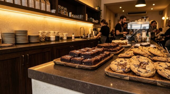 Decadent chocolate brownies and cookies displayed on a cafe counter, inviting customers with their delicious aroma.
