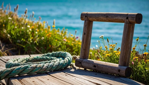 Wooden fishing rod frame with coiled rope on weathered dock by coastal waters and greenery
