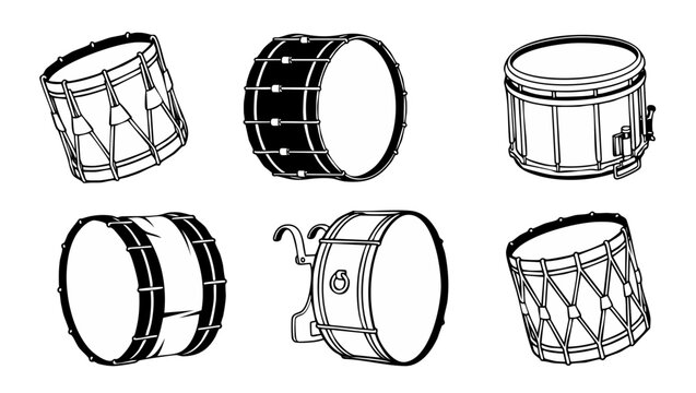 Marching Drums Set Vector Illustration, Percussion Musical Instruments Collection, Isolated Black and White Line Art Icons for Band, Parade, Orchestra, Performance, Rhythm, Beat, and Music Rhythm Desi