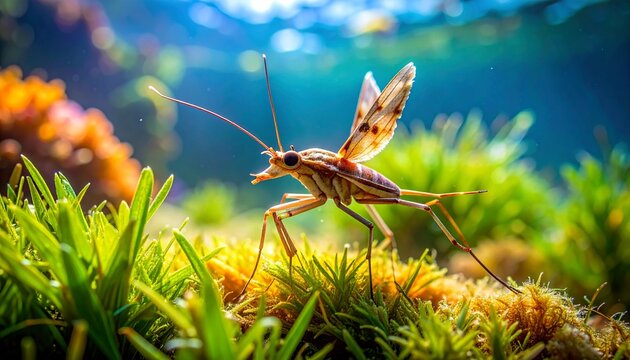 Sea moth walking on seagrass in tropical underwater habitat with vibrant blue water