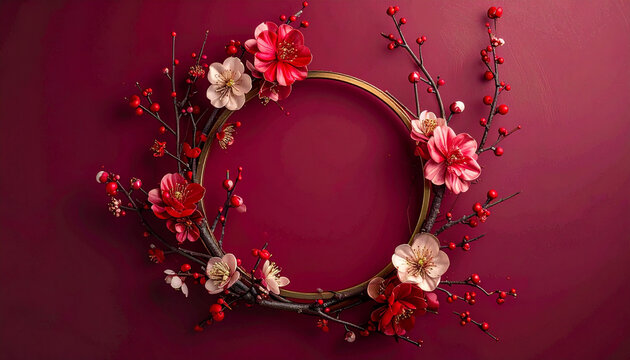 Floral wreath composition on burgundy