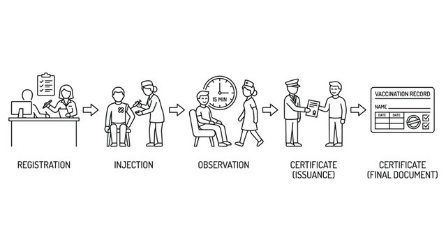 Medical vaccination record workflow outline showing steps from registration to final card.