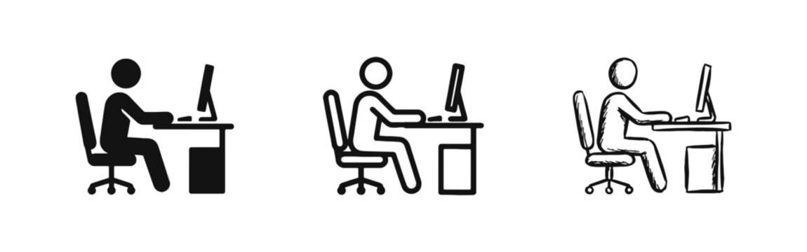 Person working on computer at office desk icon set