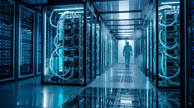 IT Technician Walking Down an Aisle of High Performance Liquid Cooled Supercomputer Server Racks