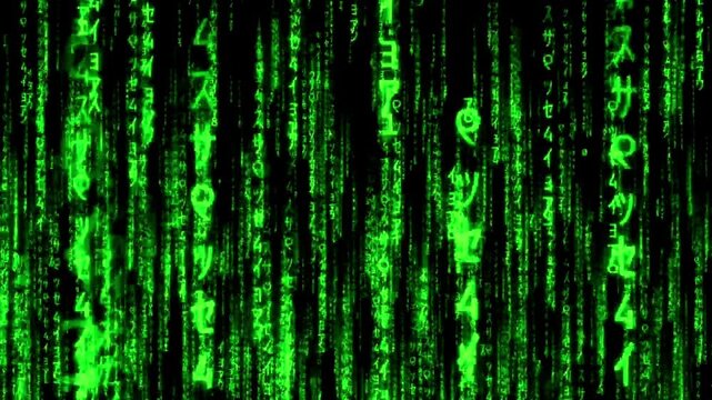 A vertical matrix digital code rain effect loop video animation featuring green sci-fi letters and numbers falling on a pitch black background.